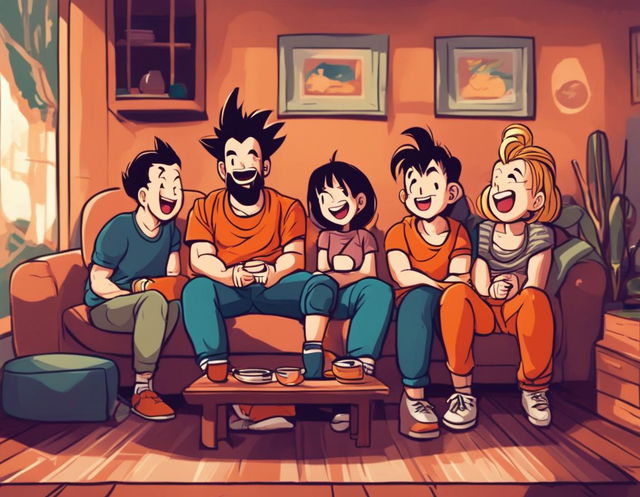 A group of friends laughing uncontrollably in a cozy living room, drawn in the style of Dragonball