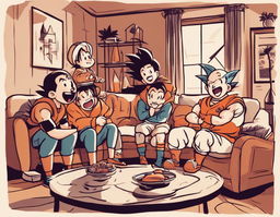 A group of friends laughing uncontrollably in a cozy living room, drawn in the style of Dragonball