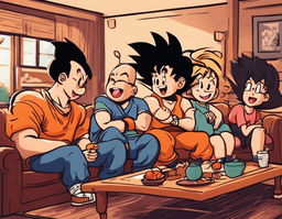 A group of friends laughing uncontrollably in a cozy living room, drawn in the style of Dragonball