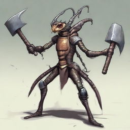 An image of a Thri-Kreen, a multi-armed insectoid creature, garbed in a traditional blacksmith outfit