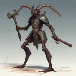 An image of a Thri-Kreen, a multi-armed insectoid creature, garbed in a traditional blacksmith outfit