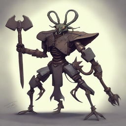 An image of a Thri-Kreen, a multi-armed insectoid creature, garbed in a traditional blacksmith outfit