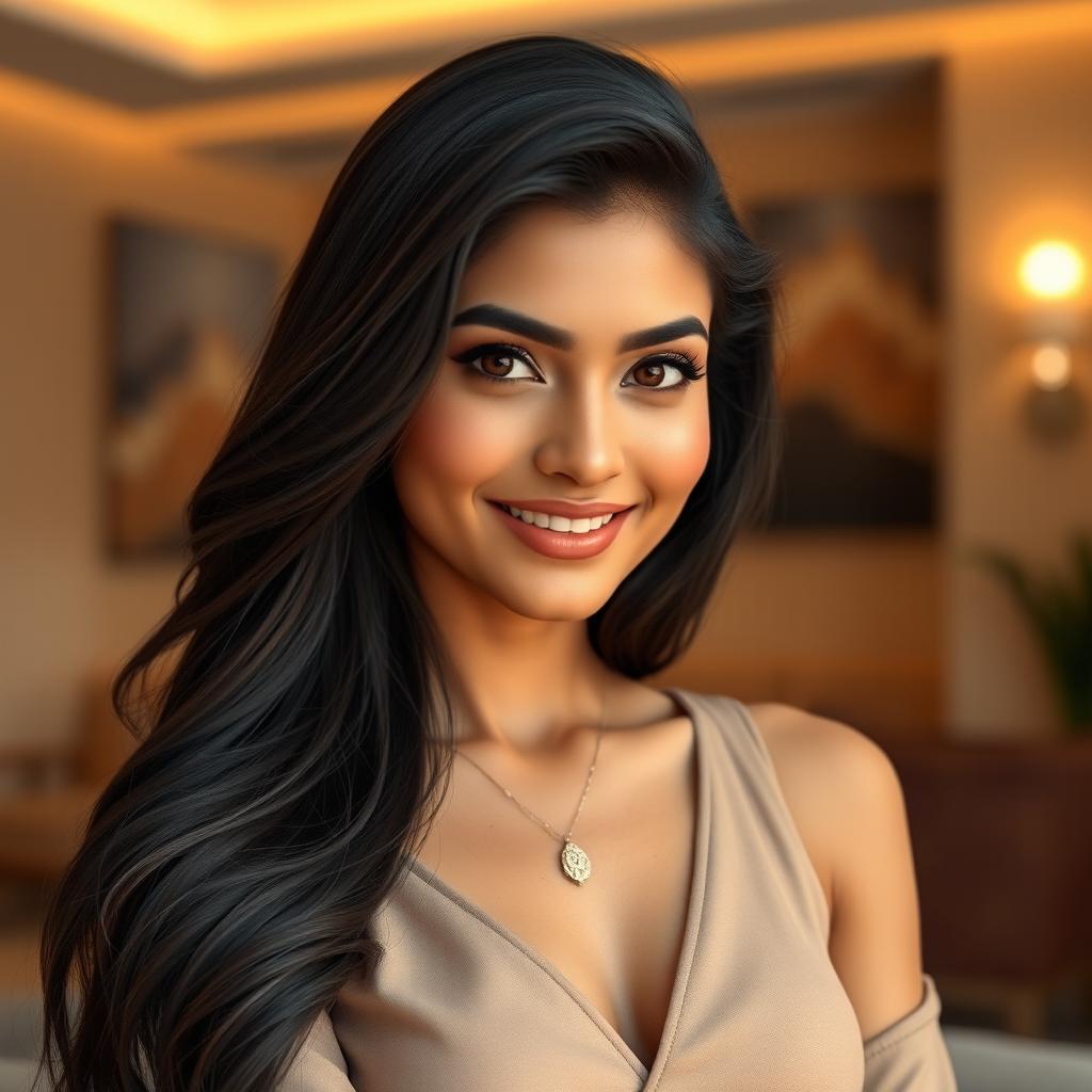 An ultra-realistic portrait of a 25-year-old Indian AI influencer, a sensual woman exuding confidence and elegance