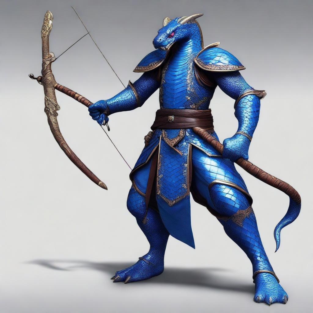 An image of a Yuan-Ti Malison, serpent-like humanoid with rich blue scales, adorned in studded leather armor