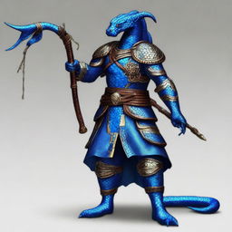 An image of a Yuan-Ti Malison, serpent-like humanoid with rich blue scales, adorned in studded leather armor