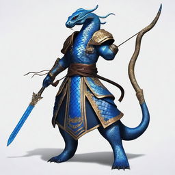 An image of a Yuan-Ti Malison, serpent-like humanoid with rich blue scales, adorned in studded leather armor