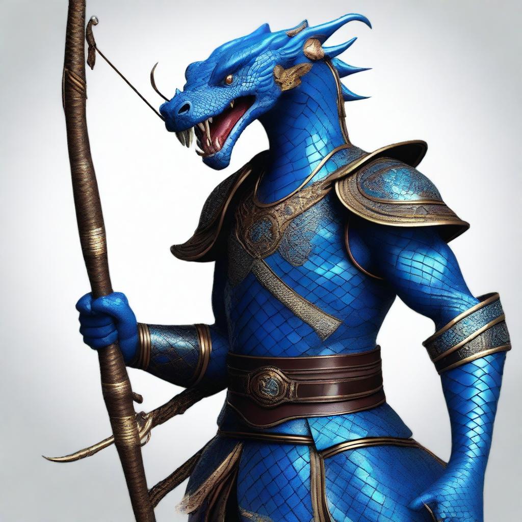 An image of a Yuan-Ti Malison, serpent-like humanoid with rich blue scales, adorned in studded leather armor