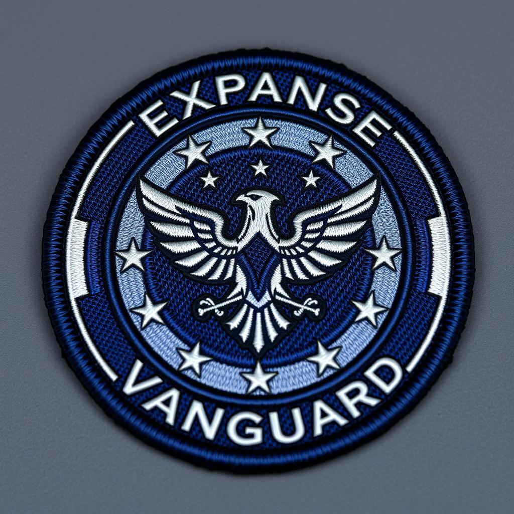 A detailed clothing patch badge for the Expanse Vanguard, featuring a futuristic and bold design