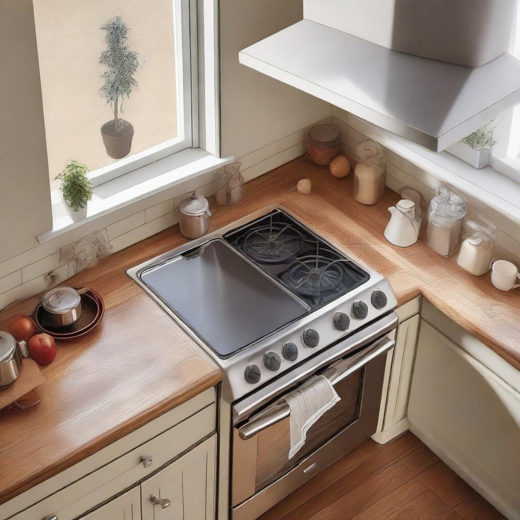 Close-up aerial view of a classic kitchen setting with a stove, sink, and a light wooden table for placing appliances.