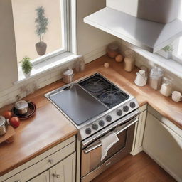 Close-up aerial view of a classic kitchen setting with a stove, sink, and a light wooden table for placing appliances.