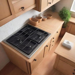 Close-up aerial view of a classic kitchen setting with a stove, sink, and a light wooden table for placing appliances.