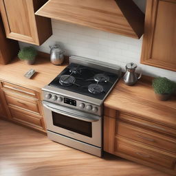 Close-up aerial view of a classic kitchen setting with a stove, sink, and a light wooden table for placing appliances.