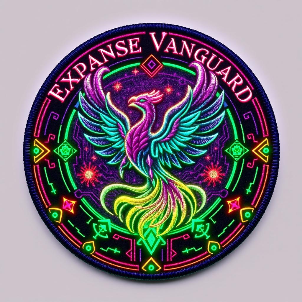 A clothing patch badge for the Expanse Vanguard designed in an arcanapunk aesthetic