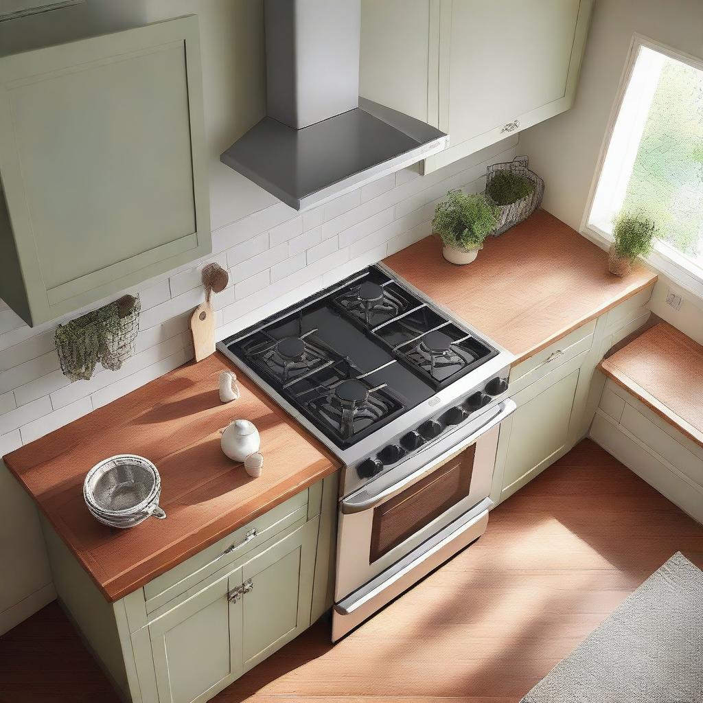 Close-up aerial view of a classic kitchen setting with a stove, sink, and a light wooden table for placing appliances.