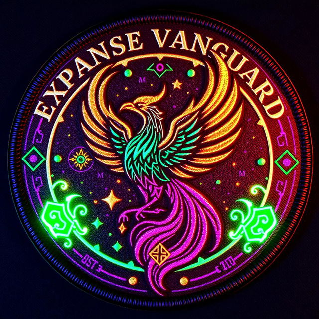 A clothing patch badge for the Expanse Vanguard designed in an arcanapunk aesthetic