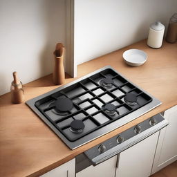 Extreme close-up aerial view of a classic kitchen setting with a stove, sink, and a light wooden table for placing appliances