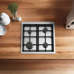 Extreme close-up aerial view of a classic kitchen setting with a stove, sink, and a light wooden table for placing appliances