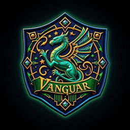 A clothing patch badge for the Expanse Vanguard, designed in an arcanapunk style