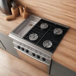 Extreme close-up aerial view of a classic kitchen setting with a stove, sink, and a light wooden table for placing appliances