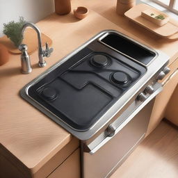 Extreme close-up aerial view of a classic kitchen setting with a stove, sink, and a light wooden table for placing appliances