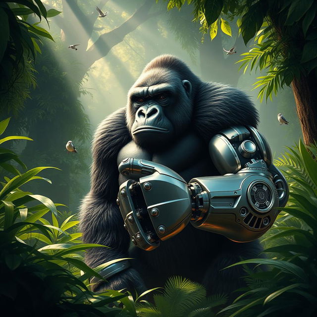 A powerful gorilla standing majestically in a vibrant jungle, featuring a sleek, advanced robot arm that showcases a blend of organic and mechanical design