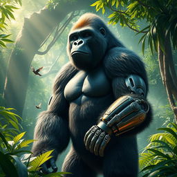 A powerful gorilla standing majestically in a vibrant jungle, featuring a sleek, advanced robot arm that showcases a blend of organic and mechanical design