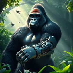 A powerful gorilla standing majestically in a vibrant jungle, featuring a sleek, advanced robot arm that showcases a blend of organic and mechanical design