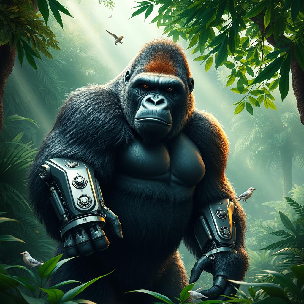 A powerful gorilla standing majestically in a vibrant jungle, featuring a sleek, advanced robot arm that showcases a blend of organic and mechanical design