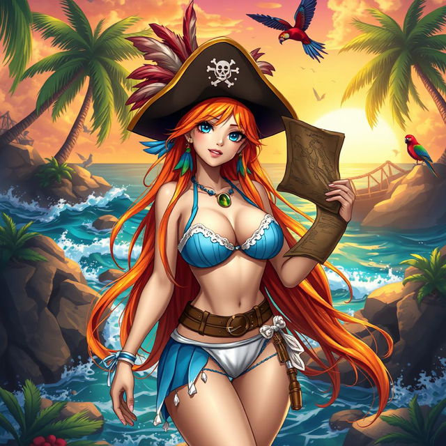 A stunning fantasy illustration of Nami, a character inspired by a pirate theme, showcasing her in a lush tropical setting