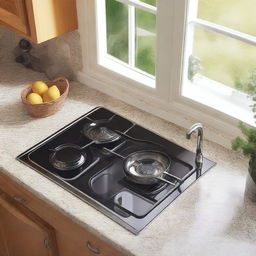 Extreme close-up aerial view of a classic kitchen setting with a stove, sink, and a light granite table for placing appliances