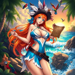 A stunning fantasy illustration of Nami, a character inspired by a pirate theme, showcasing her in a lush tropical setting