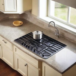 Extreme close-up aerial view of a classic kitchen setting with a stove, sink, and a light granite table for placing appliances