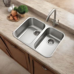 Extreme close-up aerial view of a classic kitchen setting with a stove, sink, and a light granite table for placing appliances