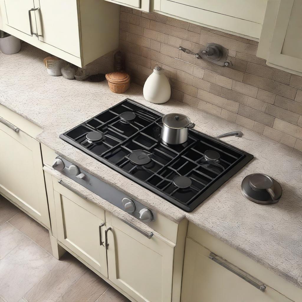 Extreme close-up aerial view of a classic kitchen setting with a stove, sink, and a light granite table for placing appliances