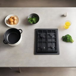 Extreme close-up aerial view of a kitchen table scene with a stove, and a light granite table prepared for placing appliances