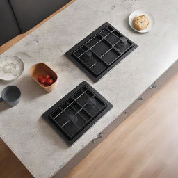 Extreme close-up aerial view of a kitchen table scene with a stove, and a light granite table prepared for placing appliances