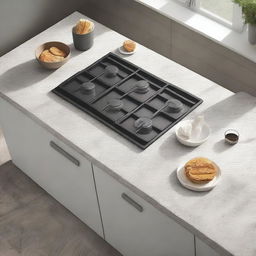 Extreme close-up aerial view of a kitchen table scene with a stove, and a light granite table prepared for placing appliances