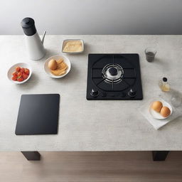 Extreme close-up aerial view of a kitchen table scene with a stove, and a light granite table prepared for placing appliances