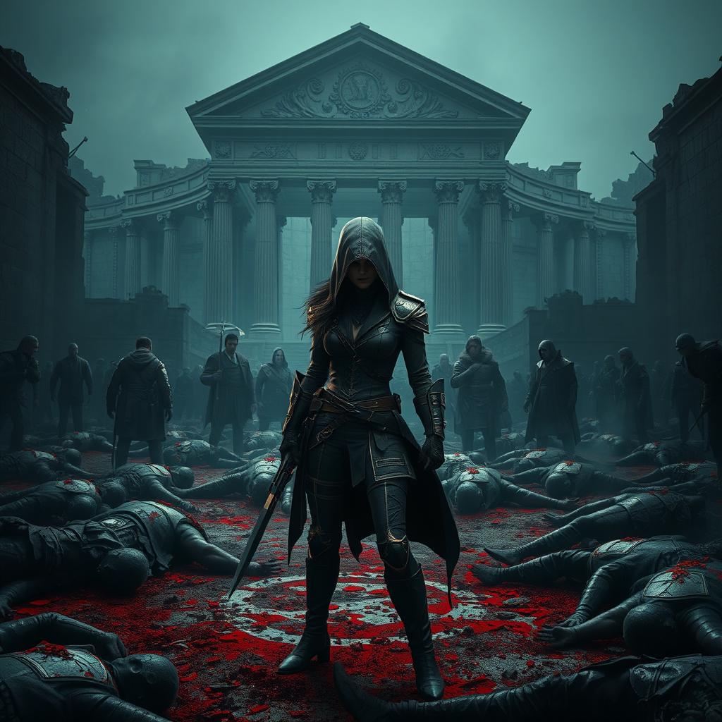 A powerful female assassin stands amidst a chaotic battlefield, surrounded by the lifeless bodies of defeated foes