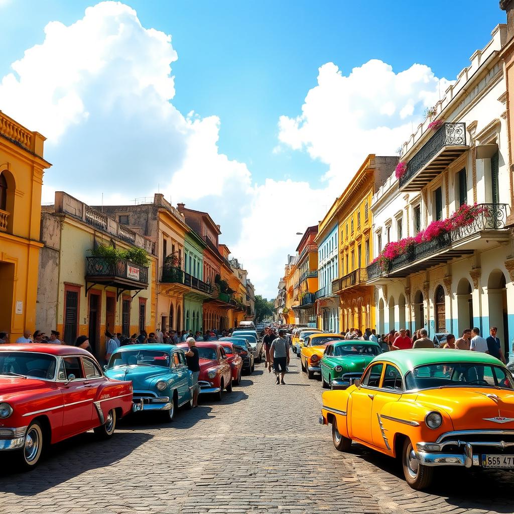 A vibrant street scene of Havana, Cuba featuring classic American cars in various bright colors parked along the cobblestone streets