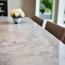 Extreme close-up of a clear granite dining table, ready for table setting.