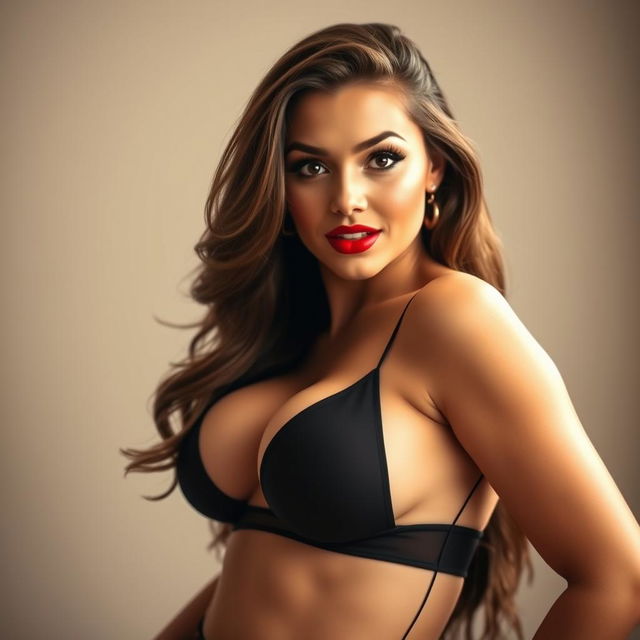 A sexy and attractive woman with curvy figure and large breasts, confidently posing for the camera while wearing bright red lipstick