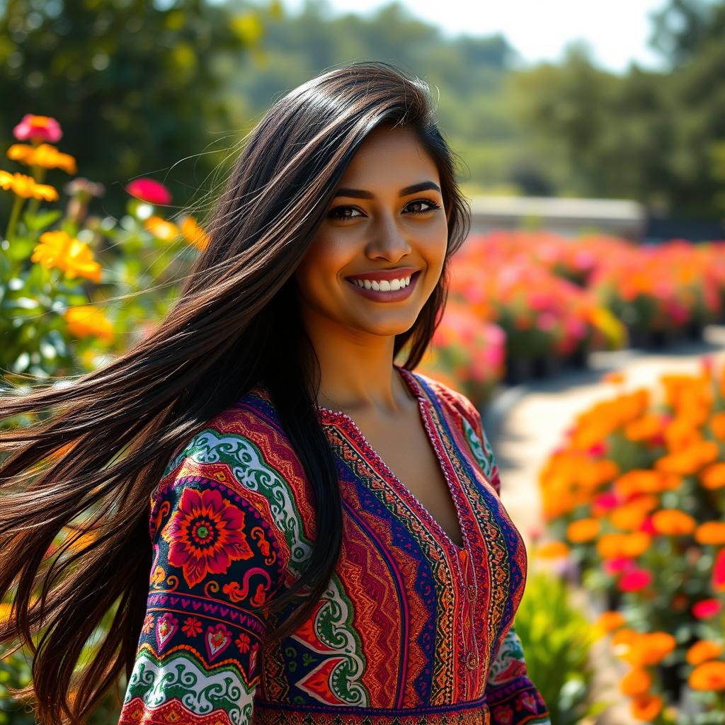 A stunning portrait of a beautiful Latina woman with flowing long dark hair, wearing a vibrant traditional dress adorned with intricate patterns