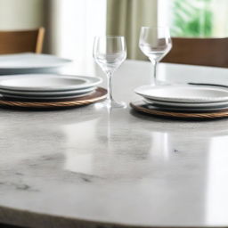 Extreme close-up of a clear granite dining table, ready for table setting.