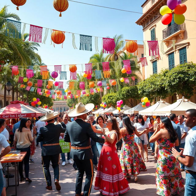 A vibrant and colorful fiesta celebrating Latino culture, filled with festive decorations such as papel picado banners and colorful balloons