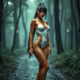 A thin sexy girl with round, enhanced breasts, wearing a tight shiny white latex thong leotard and high heel shoes