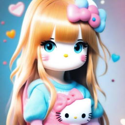 A girl with the charming sweetness of Hello Kitty, characterized by her long, wispy orange hair with bangs, and glowing light blue eyes