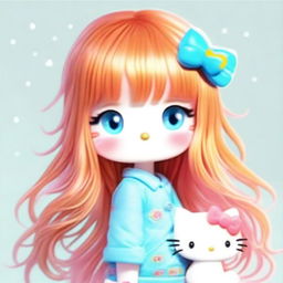 A girl with the charming sweetness of Hello Kitty, characterized by her long, wispy orange hair with bangs, and glowing light blue eyes