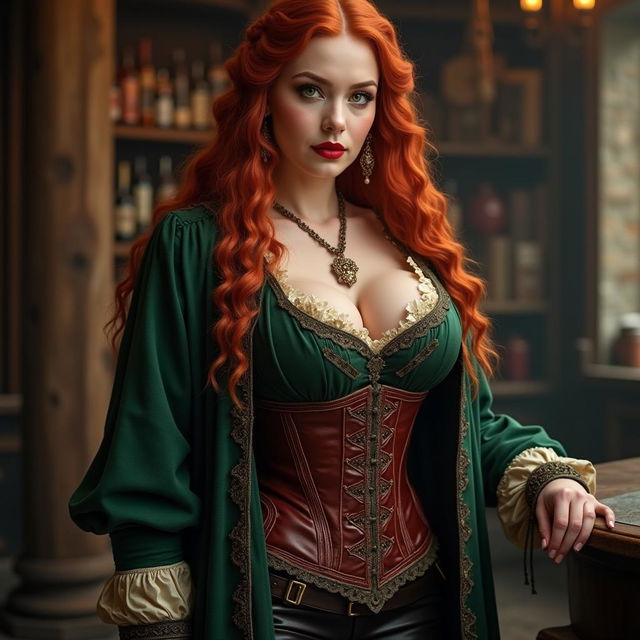 A captivating medieval bar owner with super wavy red hair flowing down to her waist and sharp green eyes that draw attention