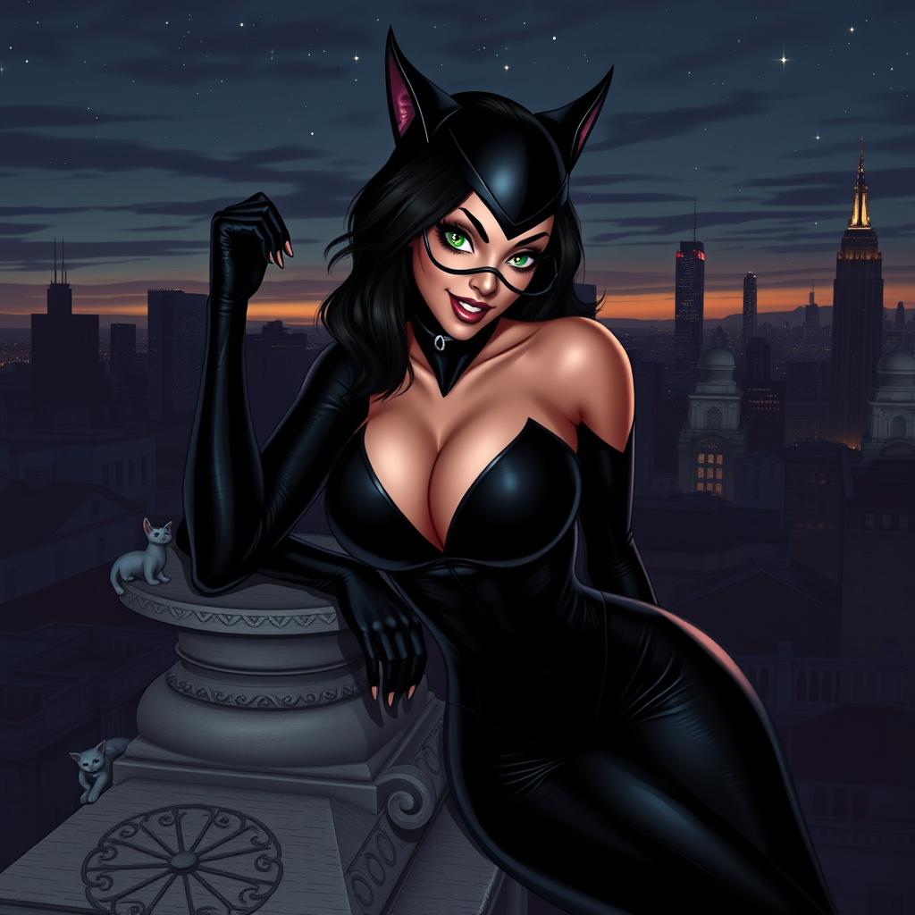 A sultry portrayal of Catwoman, showcasing her sleek black catsuit that clings to her curves, highlighting her feline grace